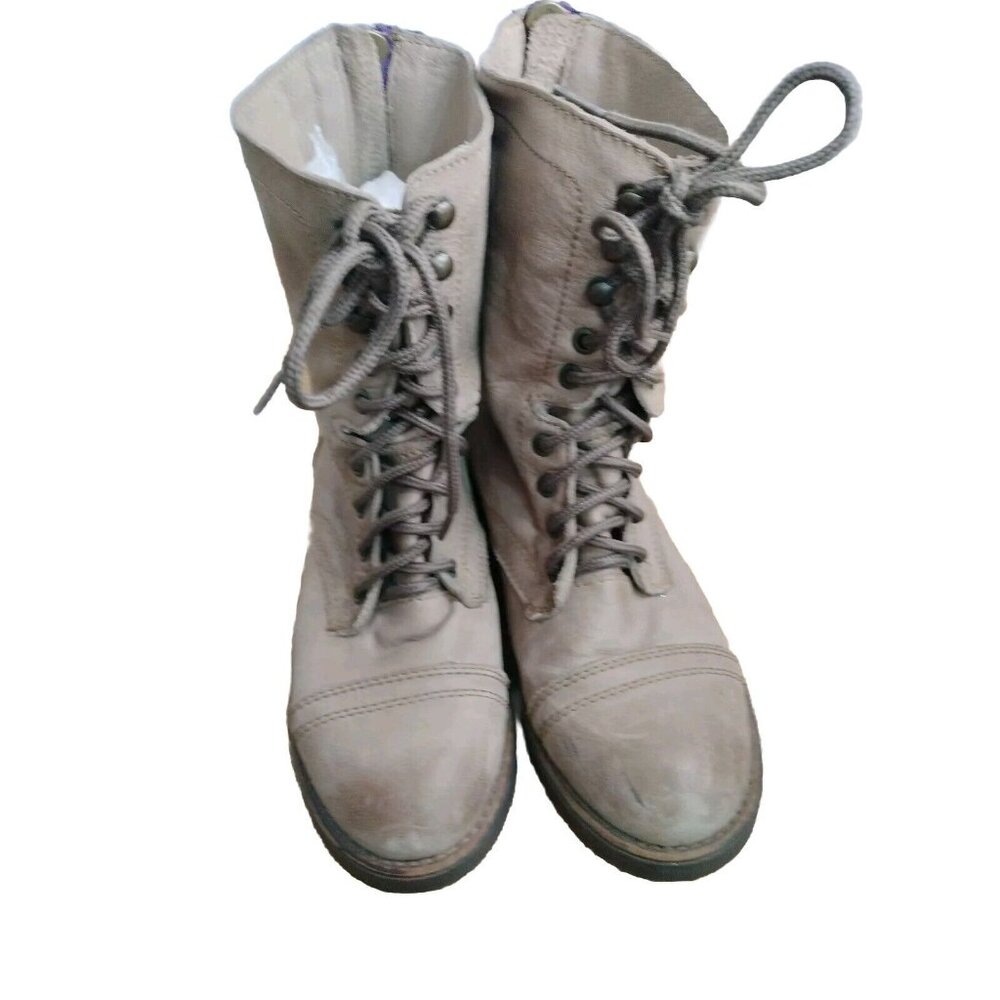 Steve Taupe Madden Leather Combat Boots Sipper & Lace Up front  Size 8 Pre Owend